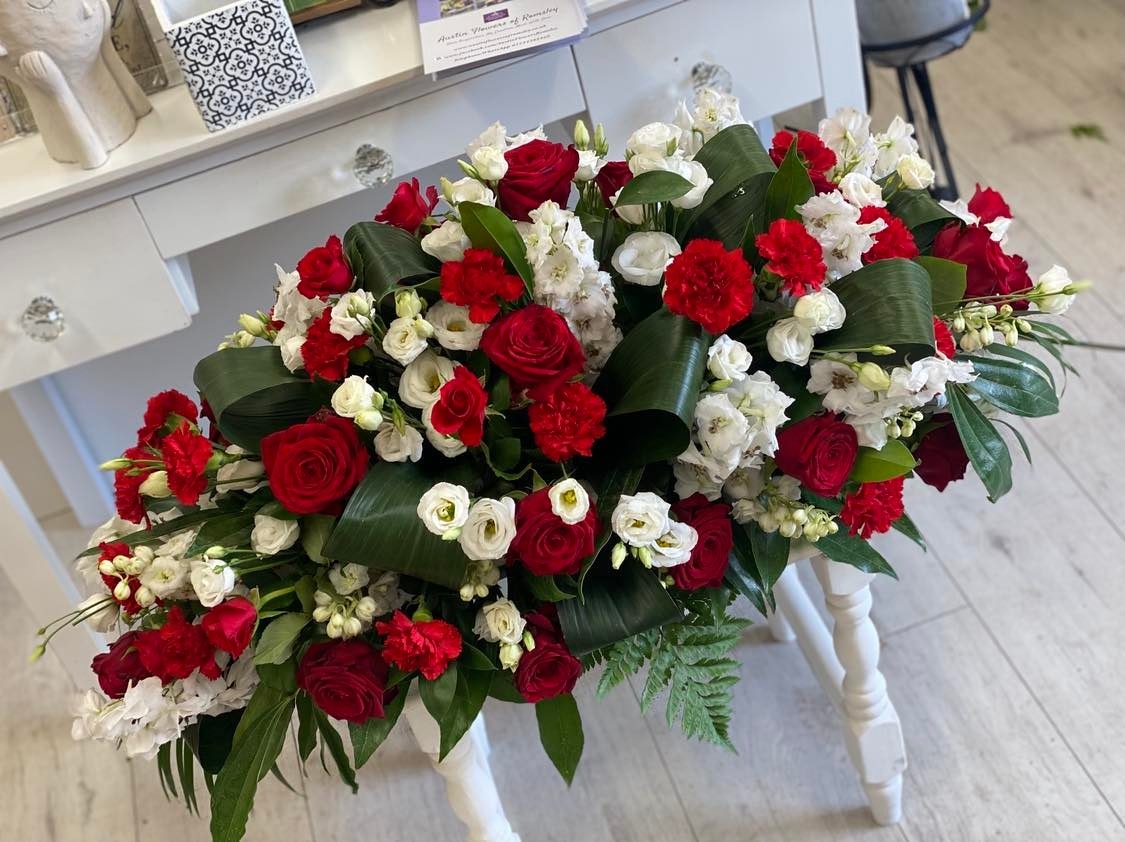 Red and White Spray Funeral Casket Spray Flowers