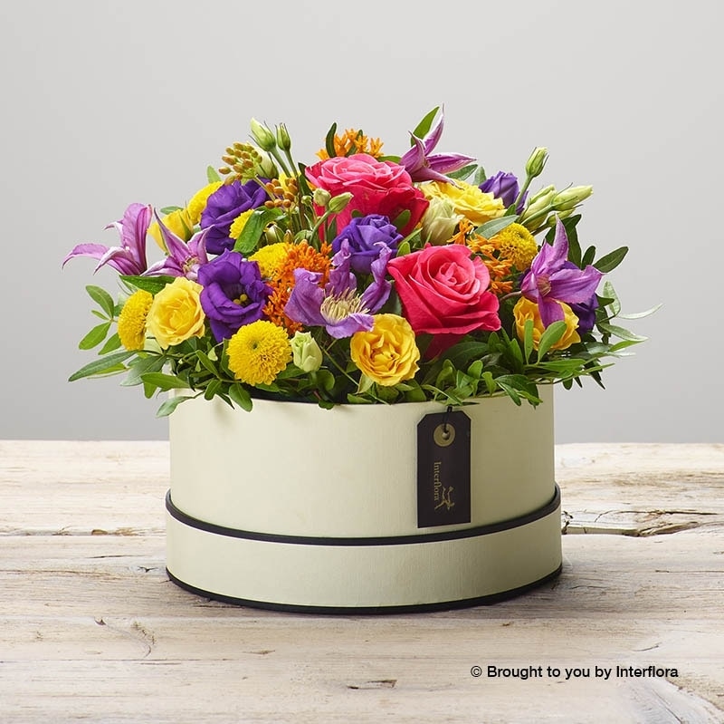 Beaming bright Hatbox Flower Arrangement