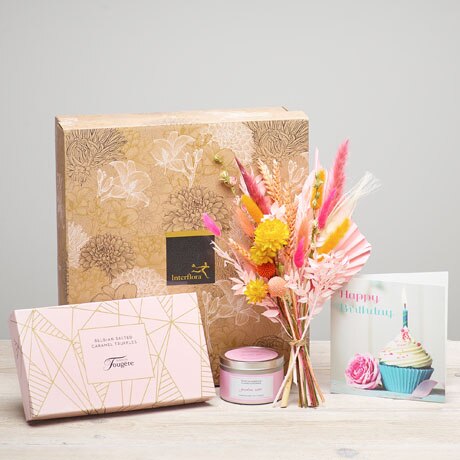 Birthday Dried Flowers, Candle and Caramel Truffles  Gift Set Flower Arrangement