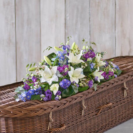 Blue and White Casket Spray size,  inches height and  inches wide.