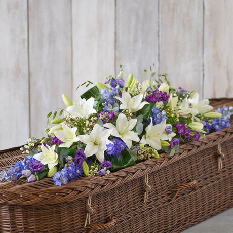 XL Blue and White Casket Spray size,  inches height and  inches wide.
