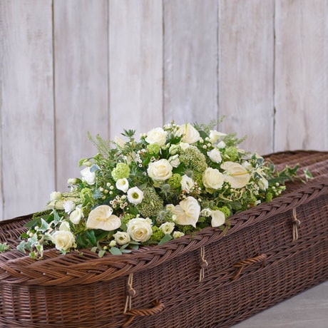 White and Green Casket Spray size,  inches height and  inches wide.