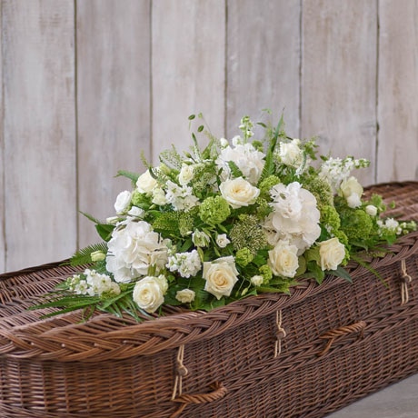 White Casket Spray size,  inches height and  inches wide.