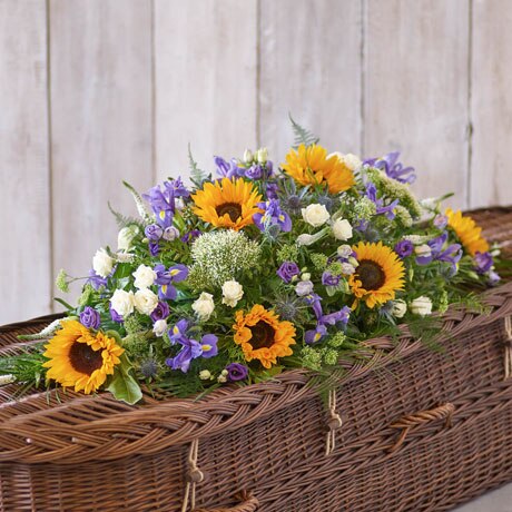 L Sunflower Mix Casket Spray size,  inches height and  inches wide.