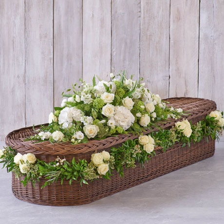 Large White Casket Spray & Rose Garland Bundle size,  inches height and  inches wide.