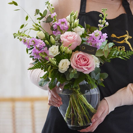 Hand-tied bouquet and vase made with seasonal flowers Flower Arrangement