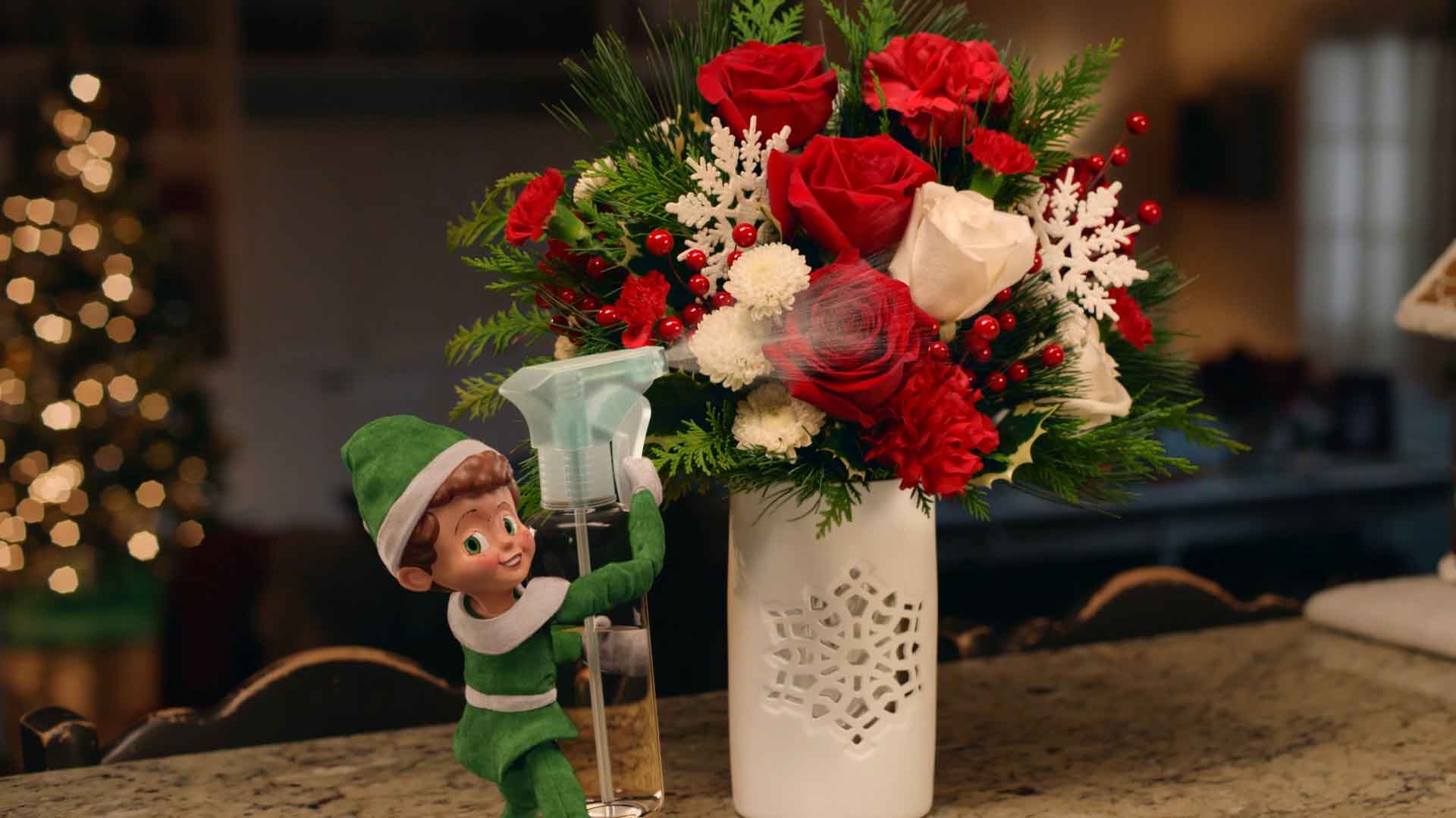 christmas elf with a spray bottle