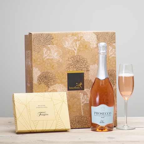Sparkling Rosé Prosecco & Belgian Chocolates Gift Set size,  inches height and  inches wide.