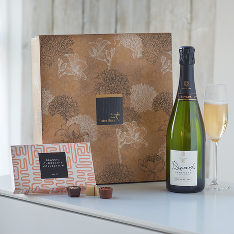 Champagne & Belgian Chocolates Gift Set Flower Arrangement