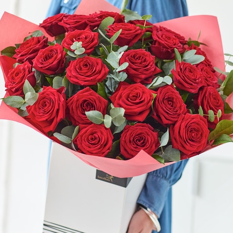 24 Sumptuous Anniversary Red Roses size,  inches height and  inches wide.