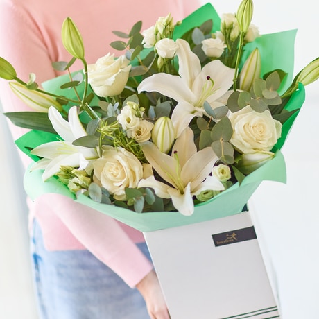 Birthday White Rose and Lily Bouquet Flower Arrangement