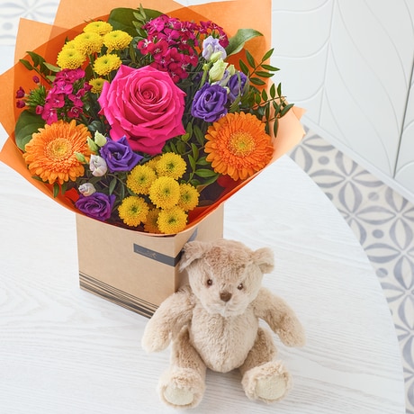 Brights New Baby Gift Set with Ralph Bear Flower Arrangement