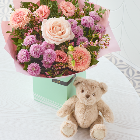 Pastels New Baby Gift Set with Rosie Bear Flower Arrangement