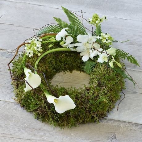Eco-friendly White Calla Wreath size,  inches height and  inches wide.