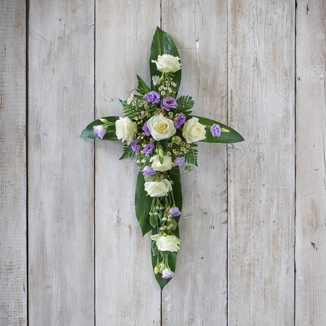 Lilac and White Cross size,  inches height and  inches wide.