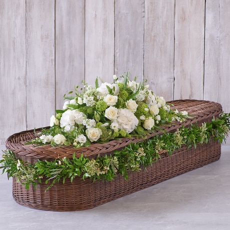 Large White Casket Spray with Garland size,  inches height and  inches wide.