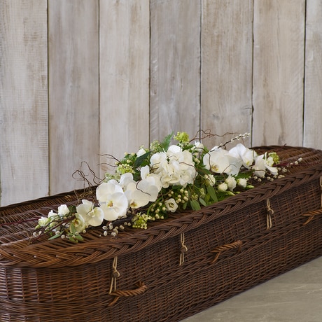 White and Green Eco-friendly Casket Tribute size,  inches height and  inches wide.