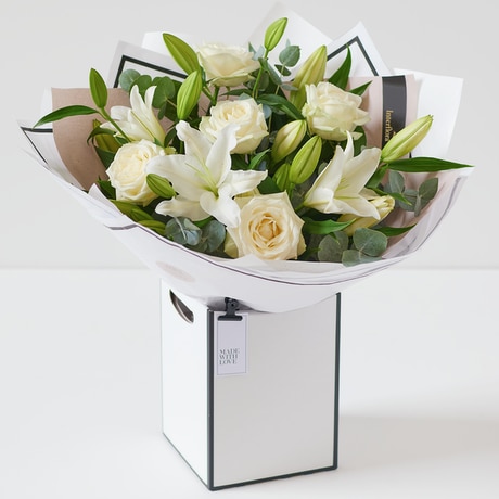 Birthday White Rose and Lily Bouquet Flower Arrangement