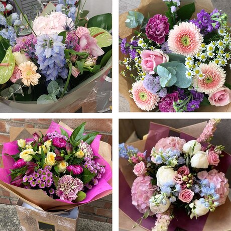 Pastels Hand-tied bouquet made with the finest flowers size,  inches height and  inches wide.