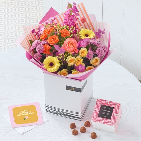 Bright Mother's Day Bouquet With Chocolates & Card size,  inches height and  inches wide.