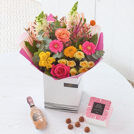 Bright Mother's Day Bouquet With Chocolates & Fizz size,  inches height and  inches wide.
