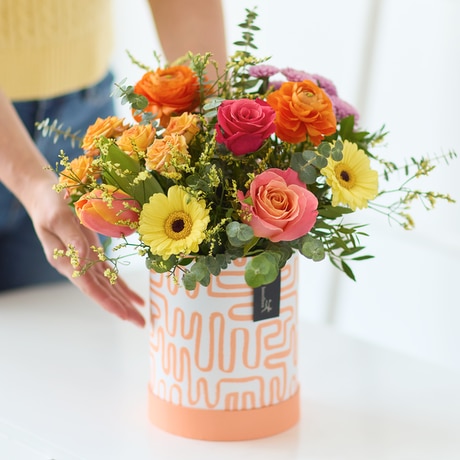 Bright Mother's Day Hatbox Flowers size,  inches height and  inches wide.