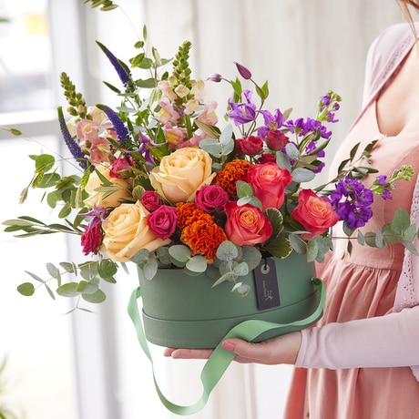 Sumptuous Mother's Day Brights Hatbox size,  inches height and  inches wide.