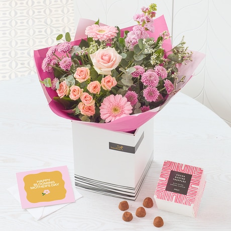 Pastel Mother's Day Bouquet With Chocolates and Card Flower Arrangement
