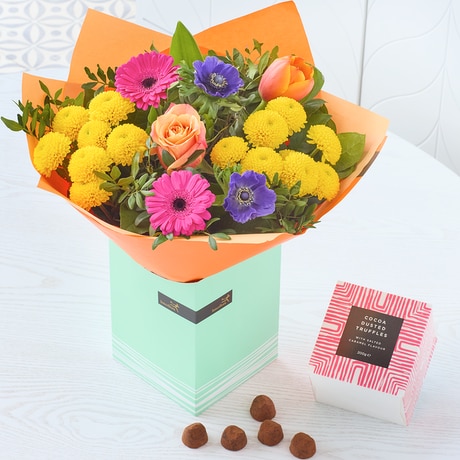 Spring Brights Gift Box With Chocolates Flower Arrangement
