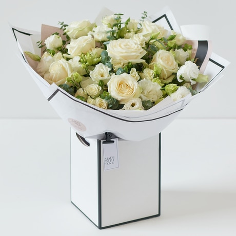 Luxury White Flower Bouquet size,  inches height and  inches wide.
