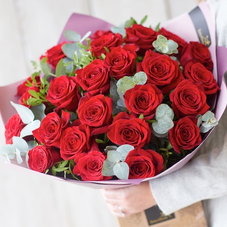 Valentine's Showstopper 24 Luxury Large-headed Red Rose Bouquet size,  inches height and  inches wide.