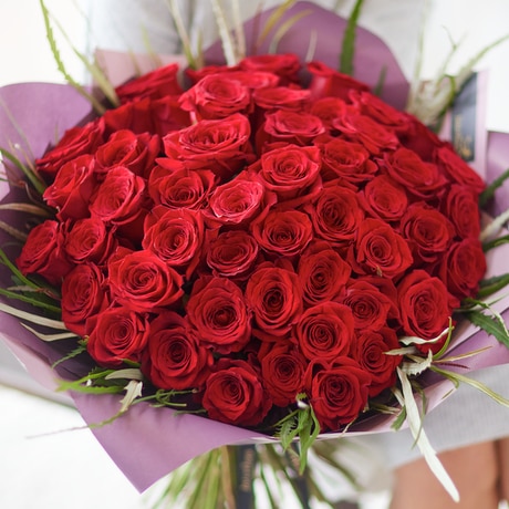 Dazzling 50 Large-headed Red Rose Bouquet size,  inches height and  inches wide.