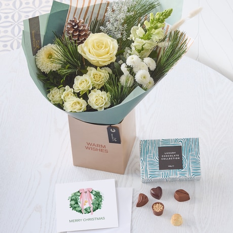 Lovely Winter Gift Box with Chocolates and Card Flower Arrangement