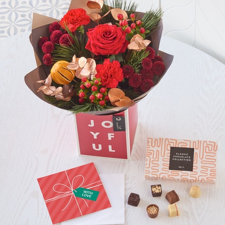 Festive Gift Box, Chocolates and Card Flower Arrangement
