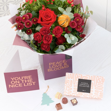 Classic Christmas Gift Box, Card & Chocolates Flower Arrangement