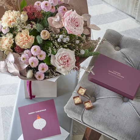 Opulent Winter Trending Gift Box, Chocolates & Card Flower Arrangement