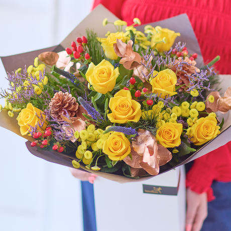 Winter Sunshine Rose Bouquet size,  inches height and  inches wide.