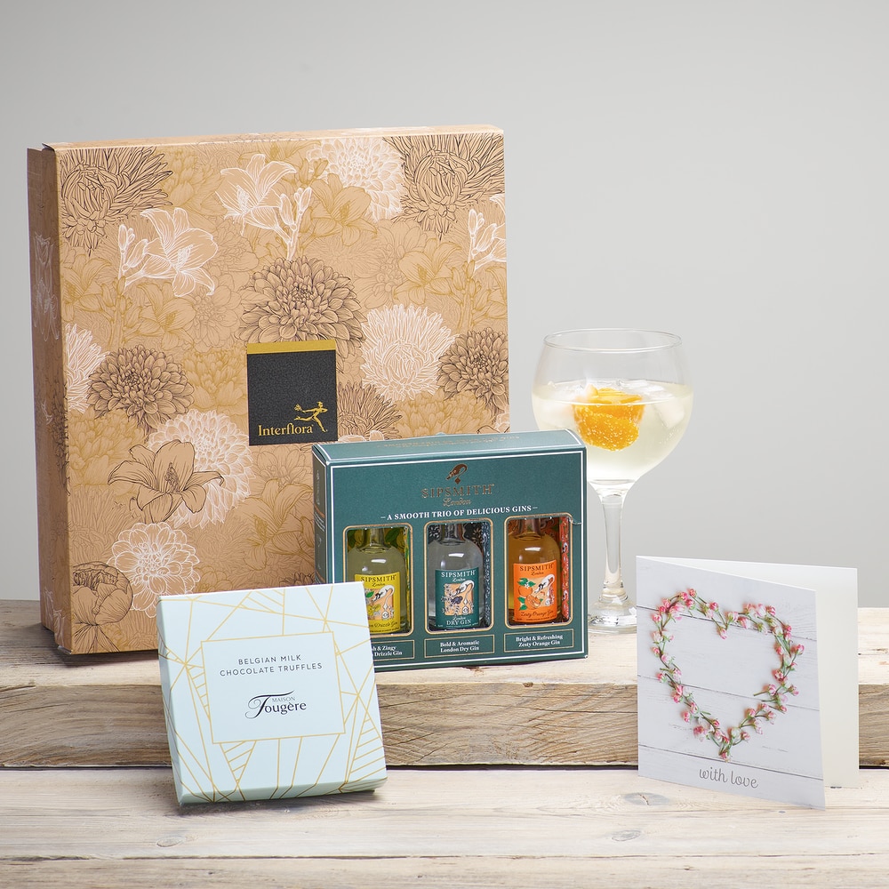 Gin Trio, Chocolate Truffles & Card Gift Set  size,  inches height and  inches wide.