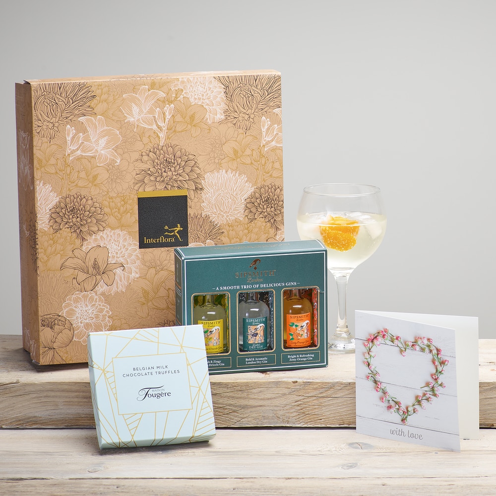 Gin Trio, Chocolate Truffles & Card Gift Set  Flower Arrangement