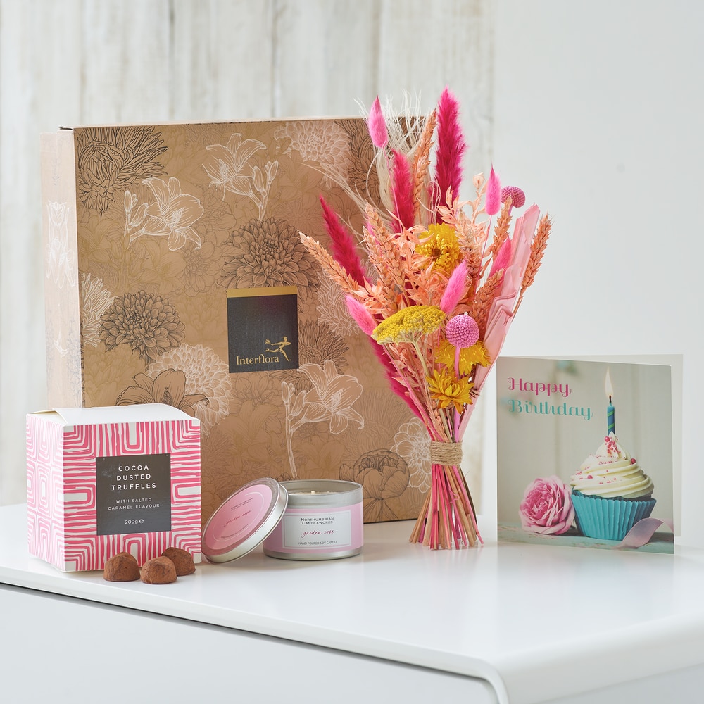 Birthday Dried Flowers, Candle and Caramel Truffles  Gift Set Flower Arrangement