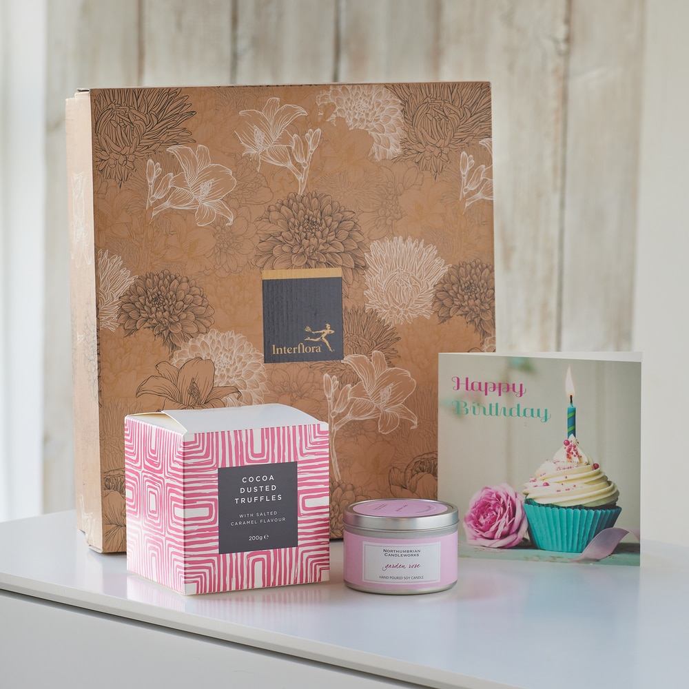 Salted Caramel Truffles, Birthday Card & Candle Gift Set  Flower Arrangement