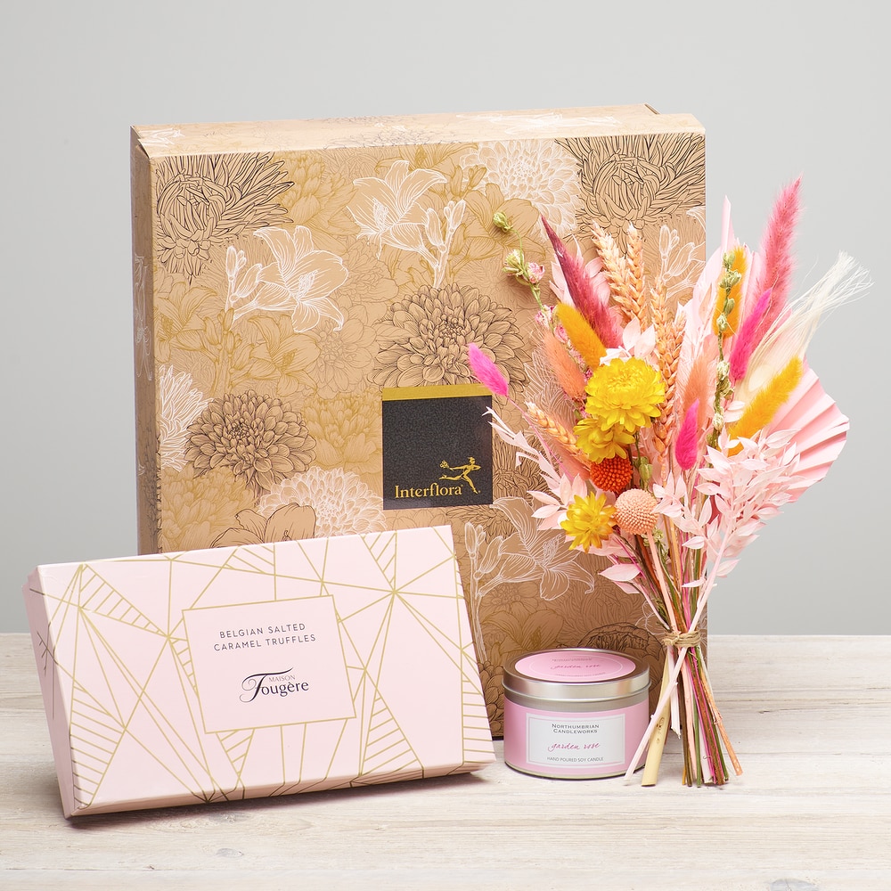 Dried Flowers Gift Set with Candle and Salted Caramel Truffles size,  inches height and  inches wide.