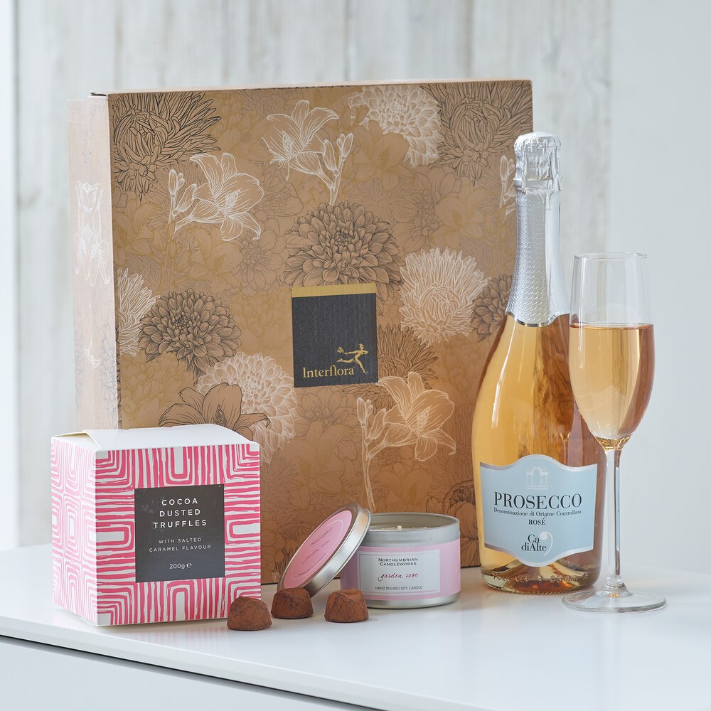 Prosecco Rosé, Salted Caramel Truffles & Candle Gift Set  Flower Arrangement