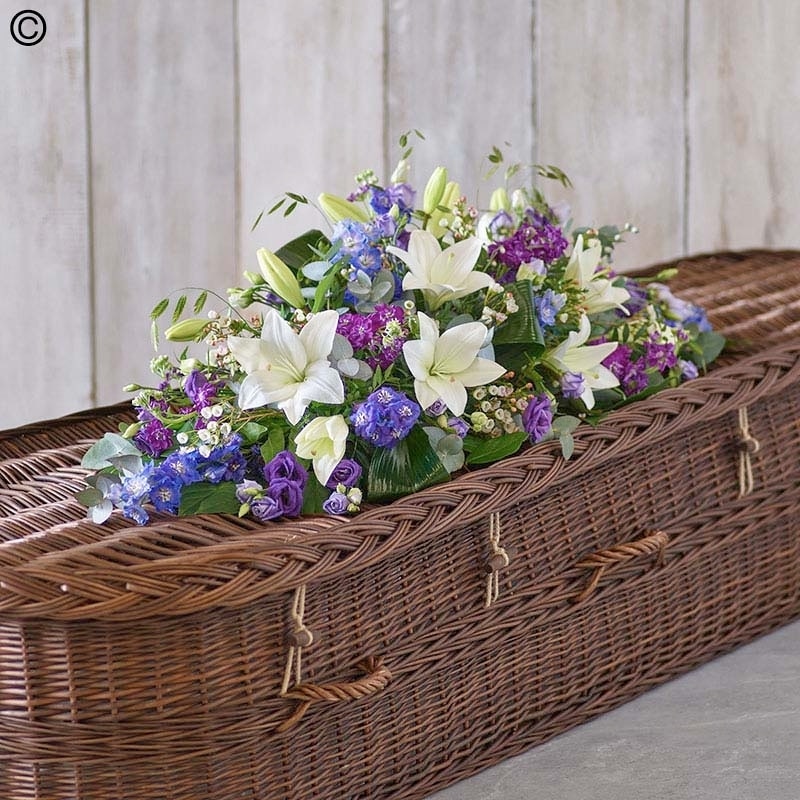 Blue and White Casket Spray size,  inches height and  inches wide.