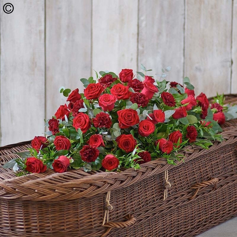 Rose and Carnation Casket Spray - Red size,  inches height and  inches wide.