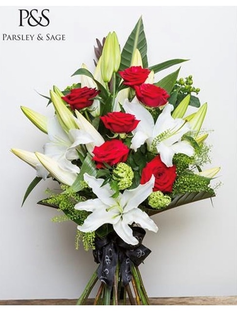 Red Rose and White Lily Flower Arrangement