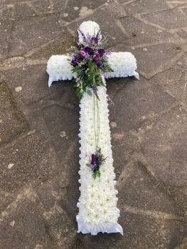 Based White and Purple Cross Funeral Arrangement