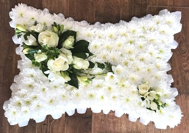White Based Pillow Tribute Funeral Arrangement