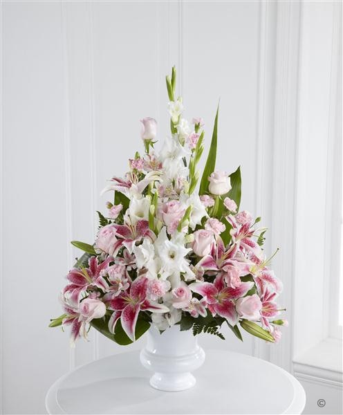 Pink Rose, Lily and Gladioli Service Arrangement Funeral Arrangement