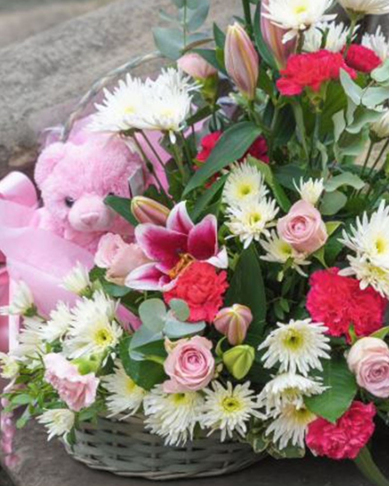 Flower Basket & Bear Flower Arrangement